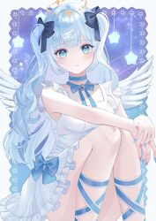 1girl angel_wings blue_bow blue_eyes blue_hair blush bow choker closed_mouth dress hair_bow hair_ornament halo highres long_hair looking_at_viewer nail_polish original ribbon ruruka_003 sidelocks sleeveless sleeveless_dress solo thighs very_long_hair white_dress wings
