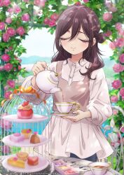1girl absurdres brown_hair brown_shirt cake chair closed_eyes closed_mouth commentary_request copyright_notice cup flower food hair_between_eyes highres holding holding_plate holding_teapot kimi_no_koto_ga_dai_dai_dai_dai_daisuki_na_100-nin_no_kanojo long_hair long_sleeves meido_mei official_art pink_flower pink_rose plate pouring rose shirt smile solo table tea tea_set teacup teapot