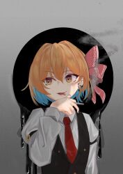 1girl absurdres between_fingers black_vest blonde_hair cigarette collared_shirt darkness grey_background hair_between_eyes highres holding holding_cigarette juliet_sleeves long_sleeves medium_hair necktie open_mouth puffy_sleeves raize_(violetnautilus) red_necktie rumia shirt simple_background smoking solo touhou upper_body vest white_shirt yellow_eyes