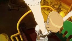 1girl animated animated_gif bench blonde_hair bouncing_breasts breasts gun handgun holster holstered large_breasts narusawa_ryouka occultic;nine outdoors shoulder_holster slide weapon