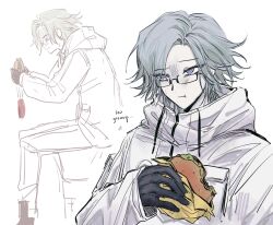 100horses 1boy :t aotsuki_eito black_gloves burger chewing commentary english_commentary english_text falling_food food glasses gloves grey_hair highres holding holding_burger holding_food jacket looking_ahead looking_at_food male_focus meat multiple_views purple_eyes short_hair simple_background sketch sweatdrop the_hundred_line_-last_defense_academy- white_jacket