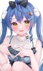 1girl :d absurdres ahoge amamiya_kokoro bare_arms bear_hair_ornament blue_hair blush bow camisole cowlick finger_heart hair_bow hair_ornament highres long_hair nijisanji open_mouth portrait simple_background sitting sleeveless sleeveless_sweater smile solo sweater twintails virtual_youtuber white_background yellow_eyes yukishiro_aile