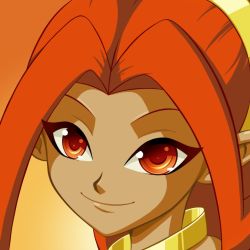 dark_skin din jewelry nintendo pointy_ears ponytail red_eyes red_hair smile the_legend_of_zelda the_legend_of_zelda:_oracle_of_seasons