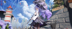 1girl absurdres artist_name black_hat black_pantyhose blush breasts closed_mouth cloud commentary_request copyright_name dated day dress fire_hydrant from_side hat highres holding holding_letter holding_umbrella large_breasts letter long_hair long_sleeves looking_at_viewer looking_to_the_side outdoors pantyhose pointy_ears purple_hair purple_umbrella rain_sama red_eyes solo umbrella very_long_hair vivian_banshee watermark web_address zenless_zone_zero
