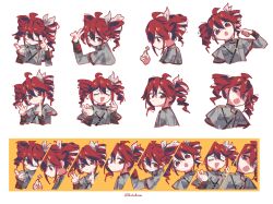 1girl absurdres ahoge bow buttons closed_mouth cropped_torso double-breasted drill_hair flower frown grey_jacket hair_bow hands_up head_tilt highres holding holding_flower index_finger_raised jacket kasane_teto kasane_teto_(sv) long_sleeves looking_at_viewer maochiner multiple_views one_eye_closed open_mouth pointing pointing_at_self profile raised_eyebrow red_eyes red_hair salute shaded_face synthesizer_v tearing_up twin_drills twitter_username two-finger_salute upper_body utau v