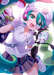 2girls absurdres aqua_eyes aqua_hair arm_up bag beanie blush collarbone gen_5_pokemon gloves green_hair grey_skirt hat hatsune_miku headphones highres legendary_pokemon long_hair meloetta miku_day mmmera827 multiple_girls mythical_pokemon nintendo official_alternate_costume official_alternate_hairstyle one_eye_closed open_mouth plaid_clothes plaid_skirt poke_ball poke_ball_print pokemon pokemon_(creature) project_voltage psychic_miku_(project_voltage) sheet_music shirt shoes short_sleeves shoulder_bag simple_background skirt smile twintails very_long_hair vocaloid white_background white_gloves white_shirt white_shoes