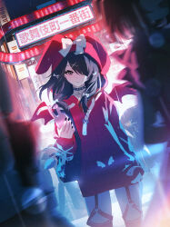 1girl absurdres ame-chan_(needy_girl_overdose) ame-chan_(needy_girl_overdose_exhibition)_(needy_girl_overdose) animal_ear_hood bag black_bag black_eyes black_hair black_nails bow cellphone commentary dutch_angle fake_animal_ears floating_clothes floating_hair hair_bow hair_ornament hair_over_one_eye highres holding holding_phone hood hood_up hoodie junpaku_karen looking_at_viewer needy_girl_overdose official_alternate_costume people phone rain red_hoodie shoulder_bag smartphone smile thigh_strap white_bow x_hair_ornament