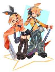 &gt;_o 1boy 1girl ahoge armlet badge bag belt black_belt black_bow black_choker black_leg_warmers black_shoes blonde_hair blue_eyes bow buckle button_badge choker cross cross_choker cross_hair_ornament denim ear_piercing earrings electric_guitar guitar hair_between_eyes hair_ornament hairclip half-closed_eyes handbag headphones highres holding holding_guitar holding_instrument hood hood_down hoodie initial instrument jeans jewelry kagamine_len kagamine_rin keytar lace-up_legwear leaning_on_object leather_belt leg_warmers midriff miniskirt multiple_earrings navel one_eye_closed orange_hoodie orange_theme pants patchwork_clothes piercing plaid_clothes plaid_skirt platform_shoes pleated_skirt shirt shirubani shoes skirt sleeves_past_fingers sleeves_past_wrists spiked_hair sticker swept_bangs thighhighs tongue tongue_out tongue_piercing torn_clothes torn_pants torn_shirt torn_sleeves very_long_sleeves vocaloid