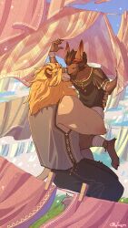 2boys afk_(series) afk_arena animal_ears artist_name bara biceps blue_sky blush brutus_(afk) carrying carrying_person claws closed_mouth clothes_pin clothesline commentary dated english_commentary furry furry_male highres hug khasos_(afk) lifting_person lion_boy lion_ears lion_mane lion_tail looking_at_another male_focus multicolored_hair multiple_boys rayoriens sky smile streaked_hair tail yaoi