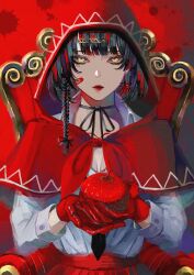 1girl absurdres apple black_hair black_ribbon breasts cape cleavage eyeliner food fruit gloves highres holding holding_food holding_fruit looking_at_viewer makeup medium_hair original red_background red_cape red_gloves red_lips red_skirt ribbon sitting skirt syakemayusan yellow_eyes