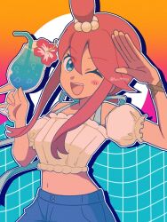 Rule 34 | 1girl, ;d, blue eyes, blue shorts, crop top, cup, drinking glass, drinking straw, hair between eyes, highres, hiiro99522, looking at viewer, midriff, navel, nintendo, official alternate costume, one eye closed, open mouth, outline, pokemon, pokemon masters ex, red hair, salute, short hair with long locks, shorts, sidelocks, skyla (pokemon), skyla (summer 2025) (pokemon), smile, solo, teeth, twitter username, upper teeth only, white outline