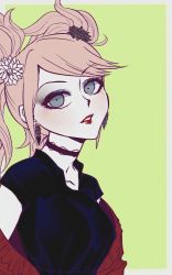 absurdres alternate_costume black_choker black_dress black_shirt blonde_hair blush choker coat collarbone commission commissioner_upload danganronpa:_trigger_happy_havoc danganronpa_(series) dress earrings enoshima_junko eyeshadow flower flower_on_head flowers_in_hair grey_eyes hair_ornament highres jewelry junkoexe lipstick long_eyelashes makeup pale_skin red_coat red_lips retro_clothes shawl shirt simple_background smile spiral teeth
