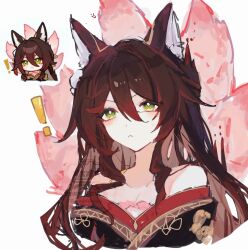 ! 1girl :&lt; animal_ears bare_shoulders black_kimono brown_hair chibi chibi_inset derivative_work dot_nose fox_ears fox_girl fox_tail frown fugue_(honkai:_star_rail) green_eyes hair_between_eyes hair_flaps highres honkai:_star_rail honkai_(series) japanese_clothes kimono long_hair looking_at_viewer multiple_tails nonoko_(1k6sx1encx45226) reference_inset solo tail tingyun_(honkai:_star_rail) upper_body watermark