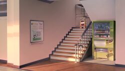 ad ball bottle bulletin_board cake cake_slice can commentary day doki_doki_literature_club doki_doki_literature_club_plus drawing_(object) drink_can english_commentary english_text floor food game_cg grass hallway highres indoors ladder muffin musical_note no_humans non-web_source official_art poster_(object) railing scaffolding school soccer_ball stairs stairwell star_sticker sunlight tape tile_floor tiles velinquent vending_machine wet_floor_sign whiteboard window window_shadow wooden_floor