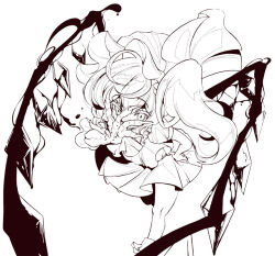1girl ascot covering_own_mouth flandre_scarlet full_body greyscale hat looking_at_viewer medium_hair mob_cap monochrome mura_kuroe pleated_skirt skirt solo touhou