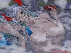 1girl ;) alternate_breast_size arm_rest arm_up armpits blue_hair breasts closed_mouth cup earrings grey_hair hand_up head_rest head_tilt highres holding holding_cup horns huge_breasts jewelry leaning_to_the_side long_hair looking_at_viewer mattsun_(lyohei) multicolored_hair no_nipples nude one_eye_closed one_piece oni partially_submerged red_horns smile solo steam twitter_username upper_body water wet wet_face wet_hair yamato_(one_piece) yellow_eyes
