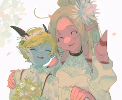 1boy 1girl alternate_costume black_horns blonde_hair blue_skin bouquet closed_eyes clothing_cutout colored_skin commentary_request cossa_(user_myuh2324) dragon_boy dragon_quest dragon_quest_x flower glasses hair_flower hair_ornament head_wreath highres holding holding_bouquet horns long_hair maiyu_(dq10) open_mouth parted_hair pink_skin round_eyewear saje_(dq10) shirt short_hair shoulder_cutout shoulder_spikes spikes white-framed_eyewear white_background white_shirt