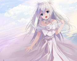 1girl :d alternate_costume bare_shoulders blue_eyes bridal_veil bride celia_claire choker commentary_request dress flower grey_hair hair_between_eyes highres long_dress long_hair looking_at_viewer nanjonyanya off-shoulder_dress off_shoulder open_mouth seirei_gensouki smile two_side_up veil wedding_dress white_choker white_dress white_flower