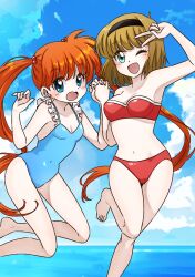 2girls bare_shoulders bikini black_hairband blue_eyes blue_one-piece_swimsuit blue_sky breasts brown_eyes cloud commentary_request covered_navel day feet_out_of_frame frilled_one-piece_swimsuit frills green_eyes hair_bobbles hair_ornament hairband highres horizon hosokawa_miki ikura_onigiri inaba_kyouko jigoku_sensei_nube medium_breasts multiple_girls ocean one-piece_swimsuit one_eye_closed orange_hair outdoors red_bikini short_hair sky small_breasts swimsuit twintails v v_over_eye