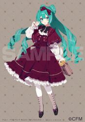 1girl aqua_eyes aqua_hair bag black_boots black_bow black_bowtie blush boots bow bowtie commentary_request copyright_notice dress flower frilled_dress frills full_body hair_between_eyes hair_bow hair_ornament hand_up hatsune_miku holding holding_bag long_hair long_sleeves looking_at_viewer mamyouda multicolored_hair parted_lips pink_hair red_bow red_dress rose sample_watermark solo streaked_hair thighhighs very_long_hair vocaloid watermark white_thighhighs yellow_flower yellow_rose