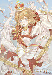 Rule 34 | 1girl, arms up, blonde hair, blue eyes, crown, dress, flower, frills, highres, jewelry, long sleeves, looking at viewer, necklace, open mouth, original, short hair, smile, solo, sparkle, white dress, xiaoyangchicha