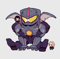 1boy 1girl black_hair blonde_hair blue_eyes chibi chibi_only gipsy_danger grey_background helmet holding holding_helmet looking_at_another mako_mori mecha pacific_rim qin_(7833198) raleigh_becket robot short_hair simple_background sitting sitting_on_mecha tareme