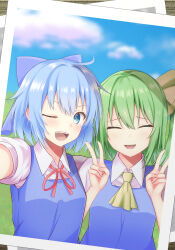 2girls blue_bow blue_dress blue_hair blue_sky blush bow breasts cirno closed_mouth cloud commentary daiyousei double_v dress embarrassed eyelashes furrowed_brow green_hair hair_between_eyes hair_bow hands_up highres medium_hair multiple_girls neckerchief one_eye_closed open_mouth photo_(object) picture_frame red_ribbon ribbon selfie shirt side_ponytail sky small_breasts smile sweatdrop szl teeth touhou upper_teeth_only v v-shaped_eyebrows white_shirt wing_collar yellow_neckerchief