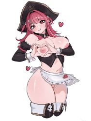 1girl absurdres adramallih apron black_hat breasts commentary detached_sleeves english_commentary goddess_of_victory:_nikke hair_ornament hat heart heart_hands highres large_breasts looking_at_viewer mast_(nikke) mast_(romantic_maid)_(nikke) navel nipples pirate_hat pussy red_eyes red_hair simple_background solo waist_apron white_background
