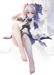 1girl absurdres android barefoot doll_joints drill_hair earrings full_body grey_hair grey_skirt highres honkai_(series) honkai_impact_3rd jacket jewelry joints midriff navel pleated_skirt prometheus_(honkai_impact) red_eyes see-through_clothes see-through_jacket skirt solo toes twin_drills white_background xiaosa123 zoom_layer