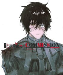 1boy absurdres alternate_universe belt belt_buckle birunner black_eyes black_hair buckle chest_harness chinese_commentary closed_mouth commission dao_gui_yi_xian eyepatch hair_between_eyes harness highres li_huowang li_huowang_(modern_world) looking_at_viewer male_focus medical_eyepatch official_alternate_costume official_alternate_hair_length official_alternate_hairstyle one_eye_covered scar scar_on_face second-party_source shirt short_hair simple_background solo straitjacket strap upper_body watermark white_background white_belt white_shirt