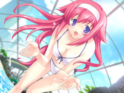 1girl :d bikini blue_eyes blush female_focus game_cg headband kamina_sana mutsumi_masato open_mouth pink_hair pool shimaima. sky smile solo splashing swimsuit tagme water