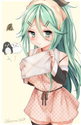 10s 1girl apron aqua_eyes aqua_hair bad_id bare_shoulders black_ribbon blush breasts cleaning cleaning_rag cowboy_shot detached_sleeves duster failure_penguin female_focus hair_between_eyes hair_ornament hair_ribbon hairclip headscarf highres kantai_collection long_hair looking_at_viewer medium_breasts miss_cloud parted_bangs polka_dot ponytail ribbon sakiryo_kanna solo squiggle thighhighs thighs twitter_username unmoving_pattern wide_sleeves yamakaze_(kancolle) zettai_ryouiki