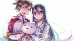 1boy 1girl @_@ aqua_hair blue_hair brown_hair closed_eyes eureka_(eureka_seven) eureka_seven eureka_seven:_pocket_ga_niji_de_ippai eureka_seven_(series) jewelry long_hair moyuvvx necklace nirvash purple_eyes raglan_sleeves rainbow renton_thurston ringed_eyes smile