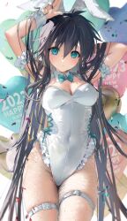 1girl 2023 absurdres animal_ears arm_up balloon black_hair blue_eyes bow bowtie breasts chinese_zodiac detached_collar fishnet_pantyhose fishnets genderswap genderswap_(mtf) hair_between_eyes happy_new_year highres houshin_engi leotard long_hair medium_breasts mimoza_(96mimo414) new_year pantyhose playboy_bunny rabbit_ears solo taikoubou thigh_strap traditional_bowtie very_long_hair white_leotard wrist_cuffs year_of_the_rabbit