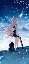 1girl ahoge black_skirt blew_andwhite blue_archive chest_harness collared_shirt dress_shirt from_behind full_body greyscale gun halo harness highres hoshino_(blue_archive) long_hair monochrome pink_hair pink_halo rifle shirt skirt solo weapon white_shirt yellow_eyes