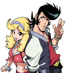 Rule 34 | 1boy, 1girl, black hair, black jacket, blonde hair, blue hairband, boobies uniform, breasts, brown eyes, cleavage, commentary, commission, crop top, dandy (space dandy), hairband, hand up, honey (space dandy), jacket, large breasts, long hair, long sideburns, long sleeves, looking at viewer, navel, open clothes, open jacket, open mouth, osa (osavocaloid), pompadour, puckered lips, red shirt, shirt, sideburns, simple background, smile, space dandy, upper body, v-shaped eyebrows, w, white background, white wrist cuffs, wrist cuffs