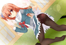 1girl alternate_costume architecture ass black_pantyhose blue_scrunchie blush bow bowtie clothes_lift commentary_request company_connection day dutch_angle east_asian_architecture eyes_visible_through_hair feet from_behind fuyukichi_(nikoniko1567) green_jacket green_serafuku green_skirt hair_between_eyes hair_intakes hair_ornament hair_scrunchie highres inaba_meguru indoors jacket kneeling kneepits lens_flare lifting_own_clothes long_hair looking_at_viewer looking_back no_shoes one_side_up opening_door orange_hair panties panties_under_pantyhose pantyhose parted_lips partial_commentary pink_panties red_bow red_bowtie red_eyes sailor_collar sanoba_witch school_uniform scrunchie senren_banka serafuku shirt skirt skirt_lift sleeves_past_wrists soles solo sunlight tatami thighs toes turtleneck underwear white_sailor_collar white_shirt yuzu-soft