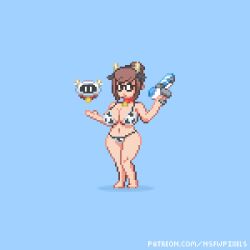 1girl animal_print animated animated_gif barefoot bell bikini blue_background bouncing_breasts breasts brown_eyes brown_hair cleavage cow_horns cow_print cow_print_bikini drone full_body glasses gun highres holding holding_gun holding_weapon horns large_breasts looking_at_viewer mei_(overwatch) navel neck_bell nsfwpixels overwatch pixel_art print_bikini simple_background snowball_(overwatch) solo swimsuit watermark weapon web_address wide_hips winking_(animated)
