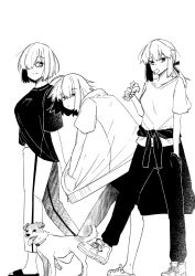 3girls ahoge alternate_costume animal arms_behind_back artoria_pendragon_(fate) clothes_around_waist contemporary crocs dog eating fate/grand_order fate_(series) greyscale hair_over_one_eye hands_in_pockets highres hood hoodie jack_russell_terrier jacket jeanne_d&#039;arc_alter_(fate) looking_at_viewer mash_kyrielight monochrome multiple_girls nonoitou110 pants ponytail saber_alter shirt shoes short_hair shorts sidelocks