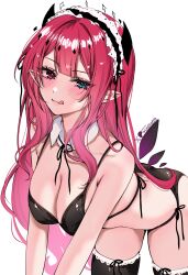 1girl acedia aqua_eyes artist_name bare_shoulders bikini black_bikini black_horns black_thighhighs blush breasts cleavage closed_mouth collar commentary crystal_wings english_commentary halo heterochromia highres hololive hololive_english horns irys_(hololive) large_breasts leaning_forward long_hair looking_at_viewer maid_headdress patreon_username pink_eyes pink_hair pink_lips pointy_ears purple_wings side-tie_bikini_bottom smile solo swimsuit thighhighs thighs tongue tongue_out twitter_username virtual_youtuber white_collar wings