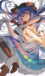 1girl absurdres blue_hair blue_skirt ender_xiaohai grin highres hinanawi_tenshi holding holding_sword holding_weapon long_hair red_eyes shirt skirt smile solo sword touhou weapon white_background white_shirt