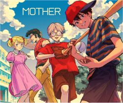 Rule 34 | 1girl, 3boys, ana (mother), arms behind back, baseball, baseball bat, baseball cap, baseball glove, black hair, blonde hair, blue eyes, bow, building, cloud, commentary, copyright name, day, dress, freckles, glasses, grey hair, hair between eyes, hair bow, hand in pocket, hat, highres, holding, holding baseball bat, kwsby 124, lloyd (mother), looking at viewer, mother (series), mother 1, multiple boys, ninten, nintendo, opaque glasses, open mouth, outdoors, pink dress, red bow, red shirt, shirt, short sleeves, short twintails, shorts, sky, smile, striped clothes, striped shirt, sunglasses, symbol-only commentary, teddy (mother), tree, twintails