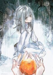1girl 1other :o collared_dress dress food from_side fruit full_body gapdori grey_eyes grey_hair hair_bun highres holding holding_food holding_fruit looking_at_viewer medium_hair orange_(fruit) pov pov_hands reverse:1999 short_dress single_side_bun sitting solo_focus tile_floor tiles vertin_(reverse:1999) wariza white_dress