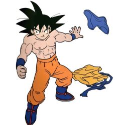 1boy abs black_eyes black_hair clenched_hand dougi dragon_ball dragon_ball_daima looking_to_the_side male_focus muscular muscular_male official_art orange_dougi orange_pants pants scan shirt short_hair smile solo son_goku spiked_hair third-party_source topless_male toriyama_akira unworn_shirt white_background wristband
