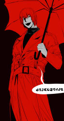 1boy belt black_eyes black_mouth black_shirt coat cowboy_shot grin hashtag-only_commentary highres holding holding_umbrella homicipher homicipher_text looking_at_viewer male_focus mr._scarletella pocket red_background red_belt red_coat red_hair red_theme red_umbrella shirt short_hair simple_background smile solo toastskii umbrella