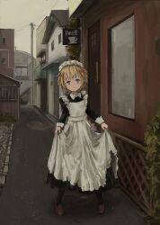 1girl absurdres apron blonde_hair blue_eyes full_body hair_ribbon highres katamimi123 light_smile maid maid_apron maid_headdress original outdoors ribbon road solo standing street victorian_maid