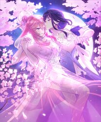 Rule 34 | 2girls, absurdres, animal ears, arms up, bare arms, bare shoulders, blunt bangs, braid, branch, breasts, casdela1, cherry blossoms, cleavage, collarbone, commentary, couple, dancing, detached sleeves, dress, earrings, english commentary, falling petals, from side, genshin impact, hair between eyes, hair bun, hair up, highres, holding hands, jewelry, leaning back, leaning on person, long dress, long hair, looking at another, moon, moonlight, multiple girls, night, night sky, off shoulder, one eye closed, outdoors, parted lips, petals, pink dress, pink hair, pink nails, pink thighhighs, purple dress, purple eyes, purple hair, raiden shogun, see-through clothes, short sleeves, single braid, single earring, sky, standing, star (sky), thighhighs, tree, yae miko, yuri