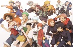 Rule 34 | 5girls, 6+boys, agatsuma zenitsu, bandana, bandana around arm, bare shoulders, black bandana, black hair, black jacket, black necktie, black pants, blonde hair, blue hakama, blue jacket, blue shirt, blue shorts, blue skirt, boar mask, brown hair, chainsaw man, china dress, chinese clothes, clenched hands, closed eyes, collared shirt, commentary request, crossover, demon horns, demon slayer uniform, denji (chainsaw man), dress, earrings, eating, feet out of frame, fur-trimmed shorts, fur trim, fushiguro megumi, gintama, glasses, green hair, grey hair, grin, hakama, hakama pants, hanafuda earrings, hand on own hip, haori, haramaki, haruno sakura, hashibira inosuke, hat, hayakawa aki, headband, highres, hood, hood down, hoodie, horns, itadori yuuji, jacket, japanese clothes, jewelry, jujutsu kaisen, jujutsu tech uniform, jumping, jumpsuit, kagura (gintama), kamado tanjirou, kimetsu no yaiba, kimono, konohagakure symbol, kugisaki nobara, long sleeves, looking at another, monkey d. luffy, multiple boys, multiple girls, nami (one piece), nami (one piece) (east blue), naruto (classic), naruto (series), necktie, oekakiboya, one piece, open clothes, open jacket, open mouth, orange hair, orange jumpsuit, pants, parted bangs, pink hair, power (chainsaw man), red dress, red hair, red hoodie, red vest, roronoa zoro, running, sakata gintoki, sandals, shimura shinpachi, shirt, short hair, short sleeves, shorts, shounen jump, single sidelock, skirt, smile, spiked hair, straw hat, straw hat pirates, striped clothes, striped shirt, topless male, two-tone shirt, uchiha sasuke, uzumaki naruto, v-neck, vest, walking, weekly shounen jump, white background, white shirt, yellow skirt