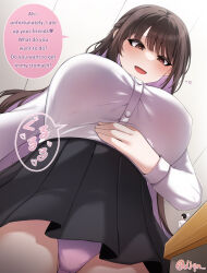1boy 1girl absurdres artist_name black_hair black_skirt blush breasts djqn_gts english_text from_below giant giantess heart heart-shaped_pupils highres indoors large_breasts long_hair long_sleeves looking_down mini_person miniboy multicolored_hair original panties purple_hair purple_panties school_uniform shirt size_difference skirt stomach_growling symbol-shaped_pupils two-tone_hair underwear vore white_shirt
