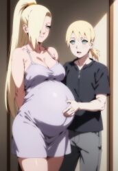 1boy 1girl age_difference blonde_hair boruto:_naruto_next_generations green_eyes hair_over_one_eye height_difference highres holding implied_incest incest incest_breeding mother_and_son naruto_(series) ponytail pregnant yamanaka_ino yamanaka_inojin